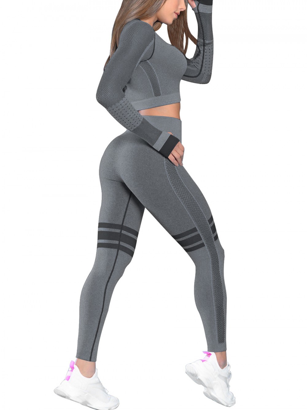 Large Bust Black Mesh Patchwork Sport Suit Fashionable Design